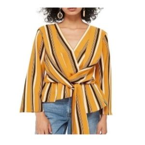 Topshop Tiffany Striped Asymmetrical Long Sleeve Blouse Yellow Black White